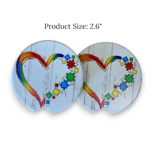 Autism Awareness Heart Car Coaster - UV Printed Ceramic Cup Holder with Puzzle Design
