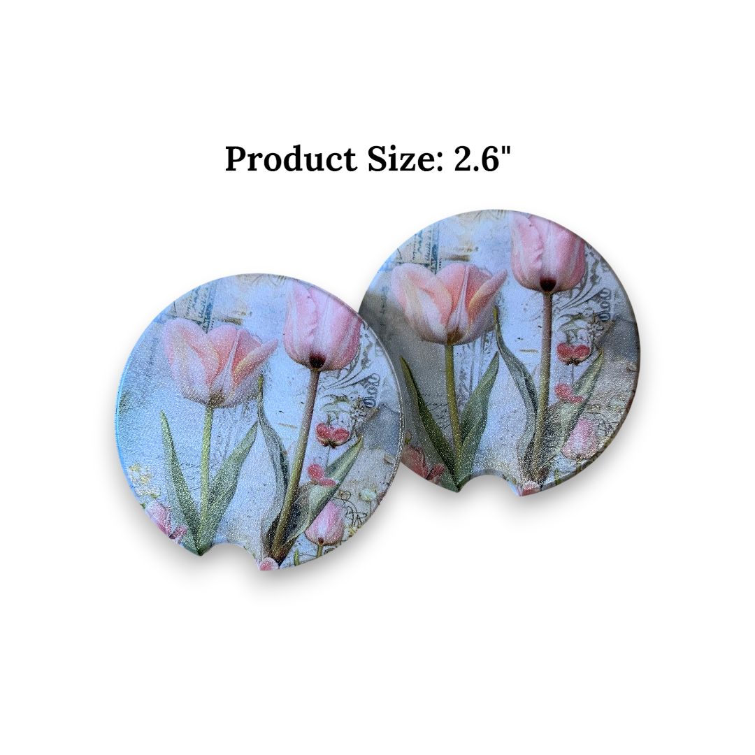 Pink Tulips Ceramic Car Coasters - UV Printed Floral Car Cup Holder Coaster Set