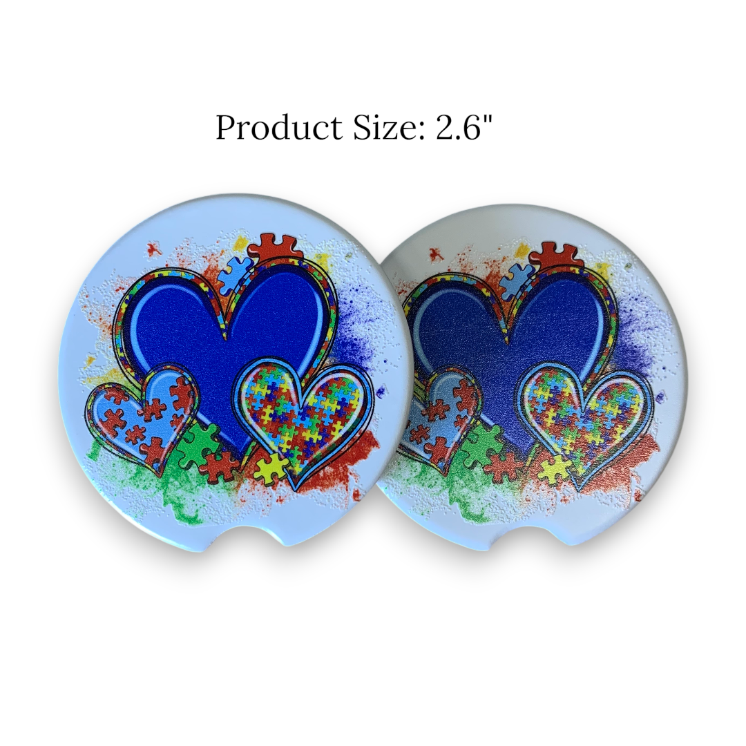 Autism Three Heart Car Coaster - UV Printed Ceramic Cup Holder with Colorful Puzzle Design