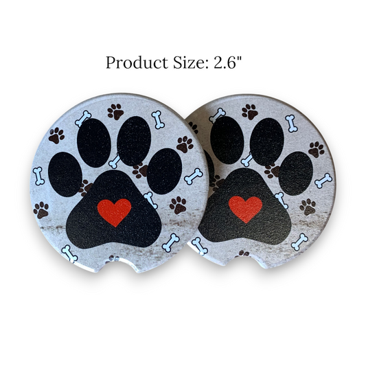 Dog Paw Car Coaster - UV Printed Ceramic Cup Holder Coaster with Red Heart & Bone Design