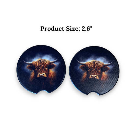 UV Printed Absorbent Ceramic Car Coaster - Highland Cow Design