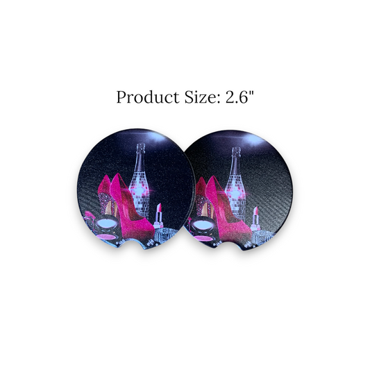 Luxury Pink Fashion UV Printed Ceramic Car Coaster - High Heel, Lipstick & Champagne Design