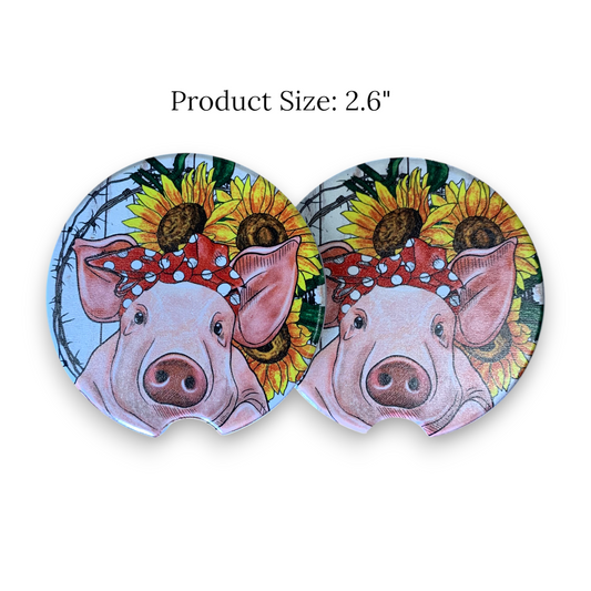 Cute Pig Car Coasters - UV Printed Ceramic Cup Holder Coaster with Red Bow/Sun Flower