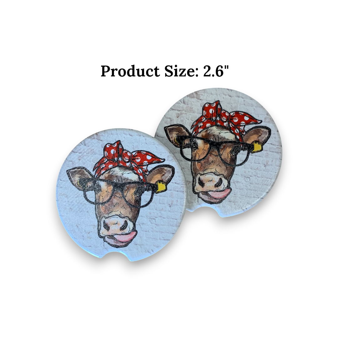 Funny Cow  with Glasses & Red Bandana Car Coaster - UV Printed Ceramic