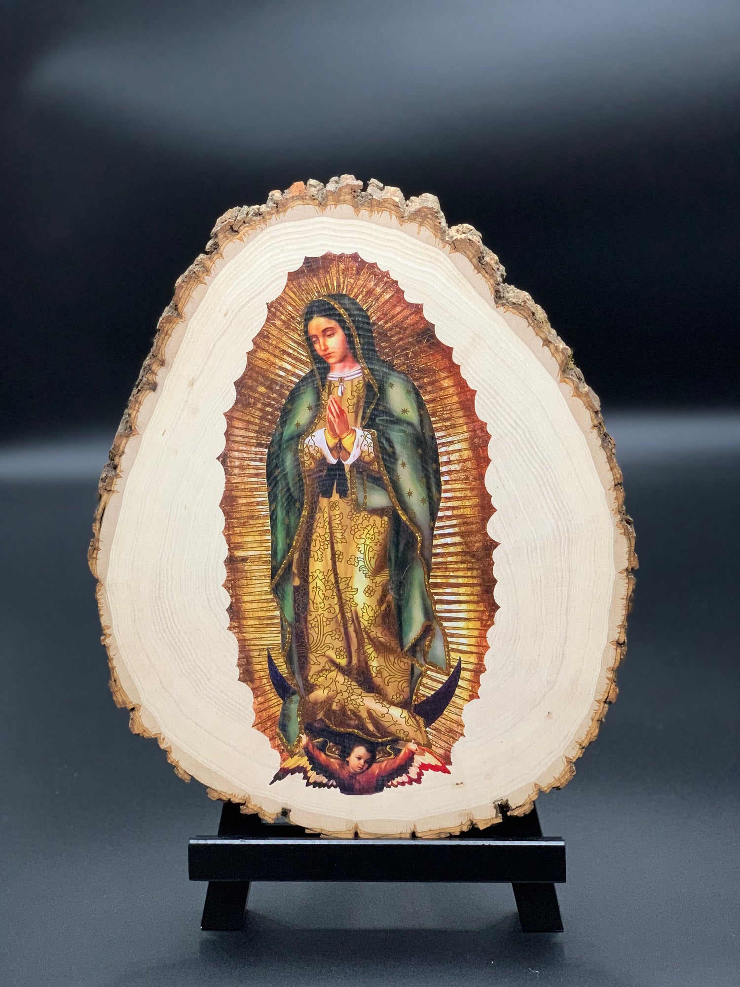 Virgen Mary - Round Wood Plank - Pistol Smokin' Designs